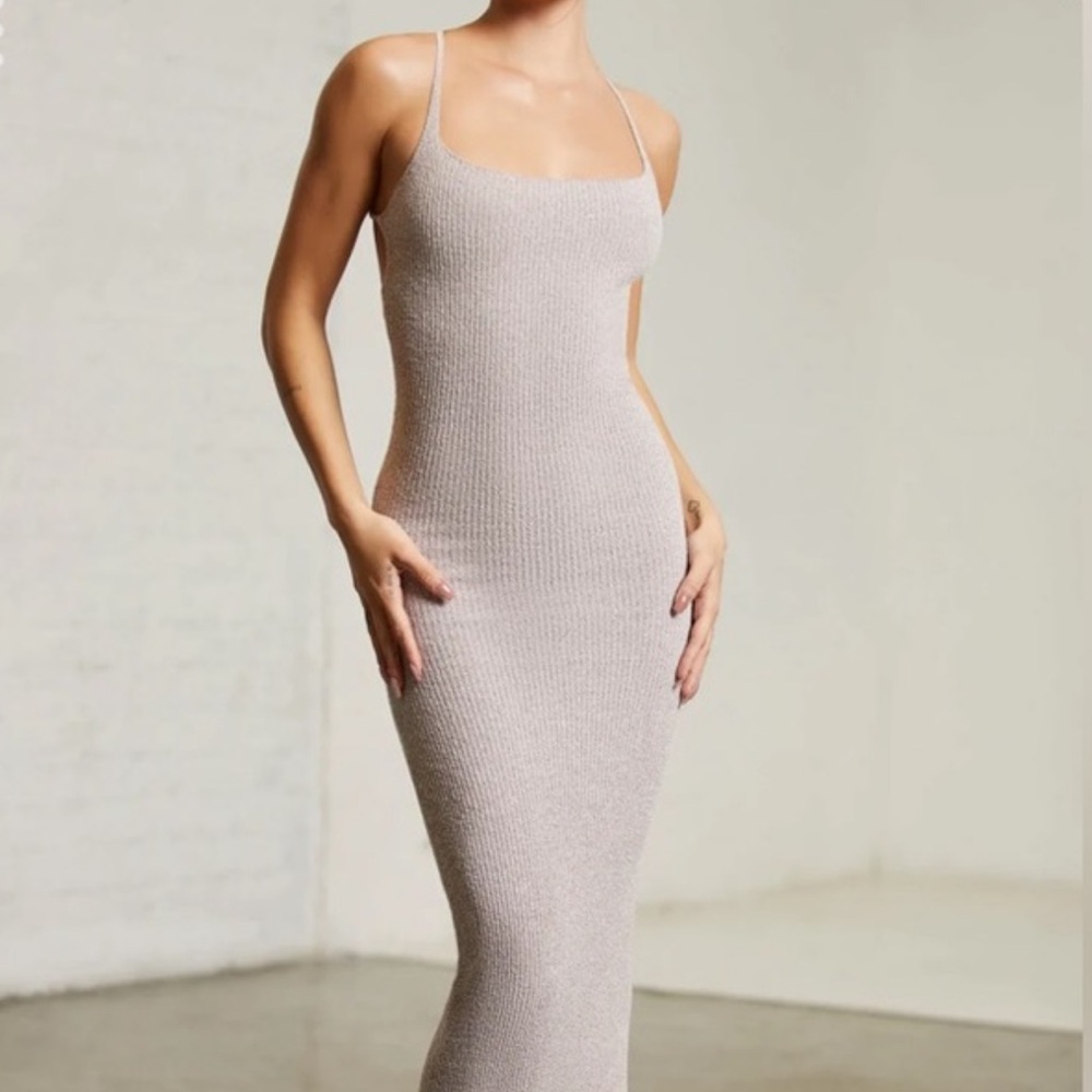 Oh Polly Tan Ribbed Bodycon Dress Spaghetti Strap
